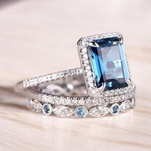 3pcs Fashion Square Cut Blue Synthetic Cubic Zirconia Rings